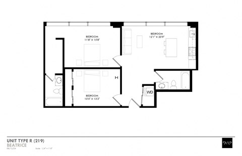 Floor plan for 2 beds, 2 baths, 954 sqft